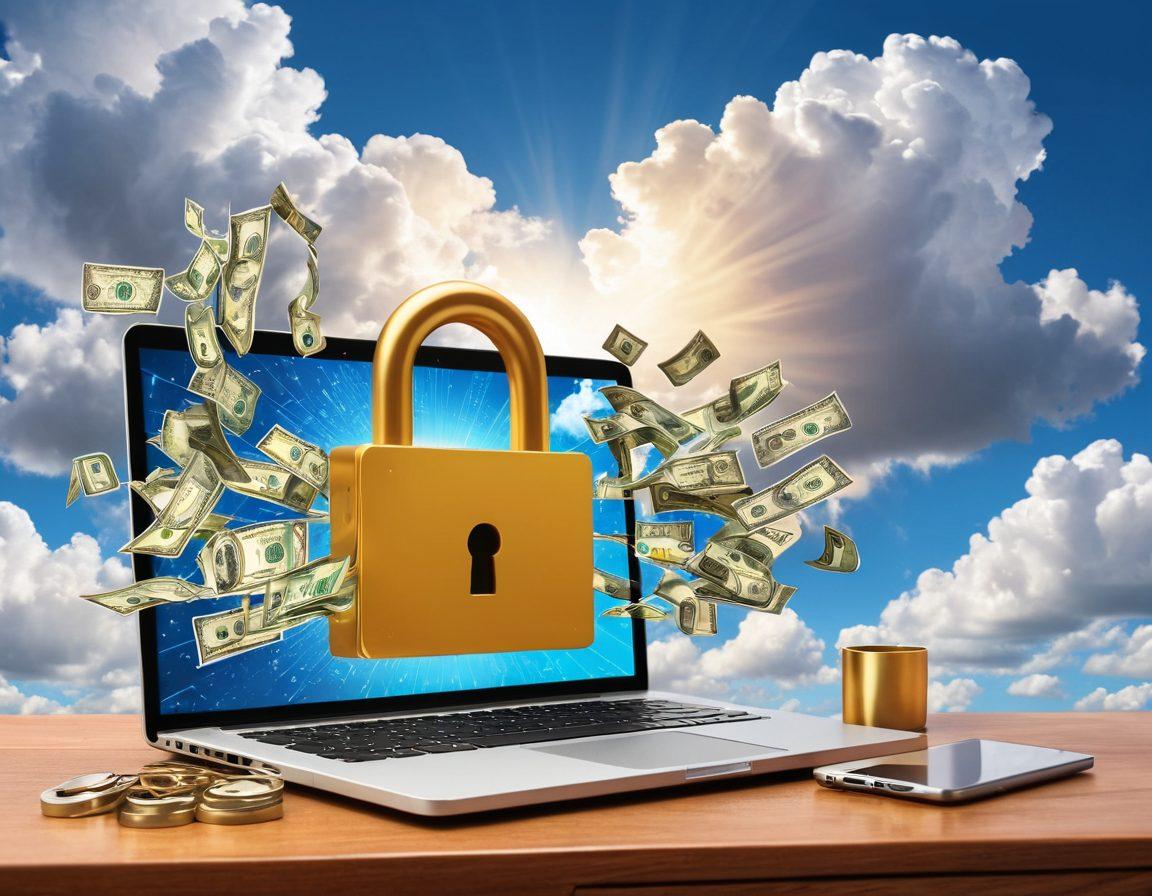 A vibrant digital illustration of a person joyfully unlocking a giant golden padlock labeled 'Financial Freedom'. Surrounding them are soaring dollar bills and emails symbolizing paid email programs. The background features a bright, sunny sky with clouds shaped like graphs showing upward trends. Include elements of technology, like laptops and smartphones, to emphasize online earning. bright colors. vector art.