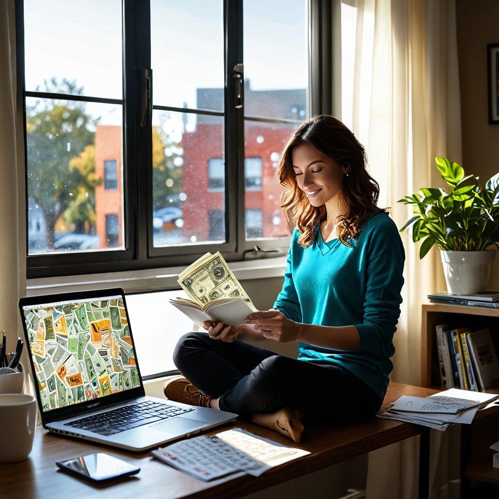 A cozy home office setting with a person happily reading emails on a sleek laptop, surrounded by a bustling flow of dollar bills and digital icons representing online courses and resources. Warm light streams in through a window, illuminating a cup of coffee and notepads filled with notes about earning cash. The atmosphere should feel inspiring and energetic. vibrant colors. super-realistic.