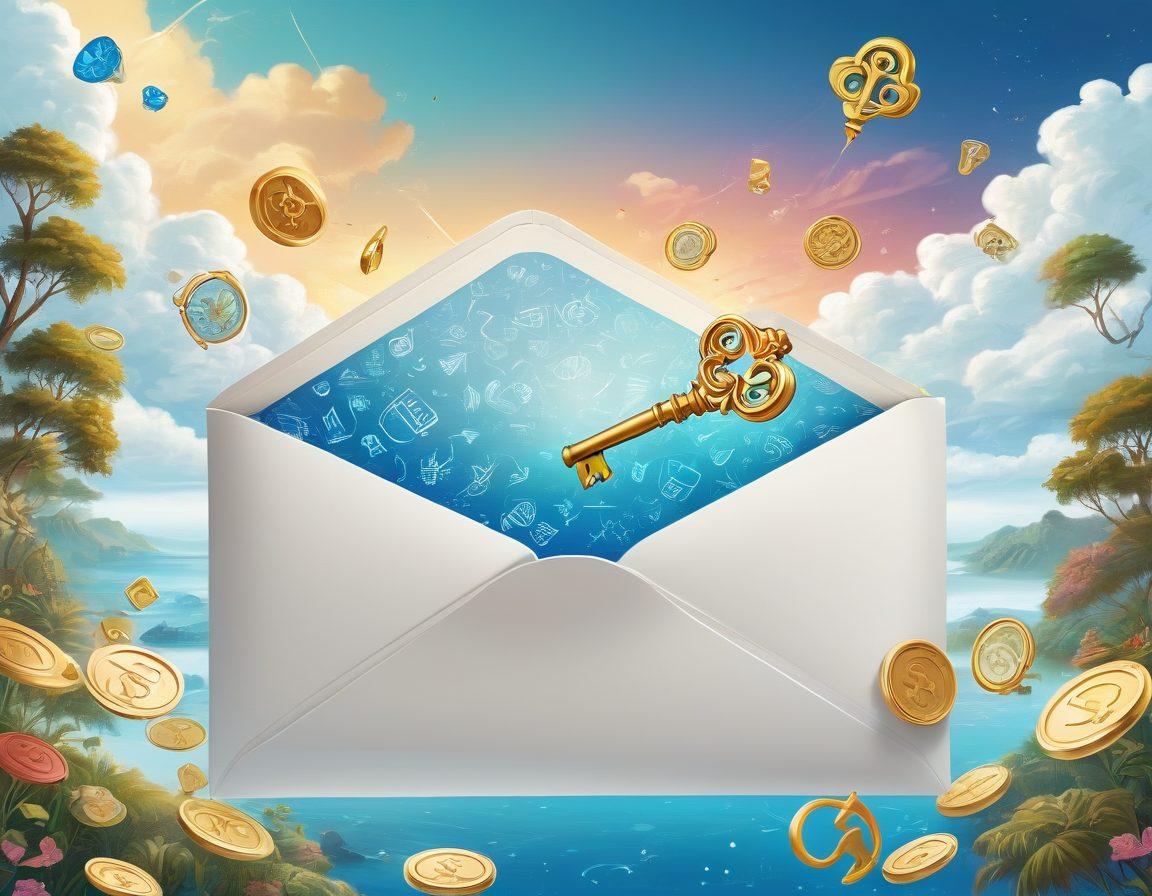 A whimsical key unlocking an oversized email envelope surrounded by dollar signs and various financial symbols, representing financial freedom. The background features a dreamy landscape symbolizing opportunity and success, blending azure and gold hues. Floating icons of emails and coins should enhance the feeling of abundance. vector art. vibrant colors. white background.